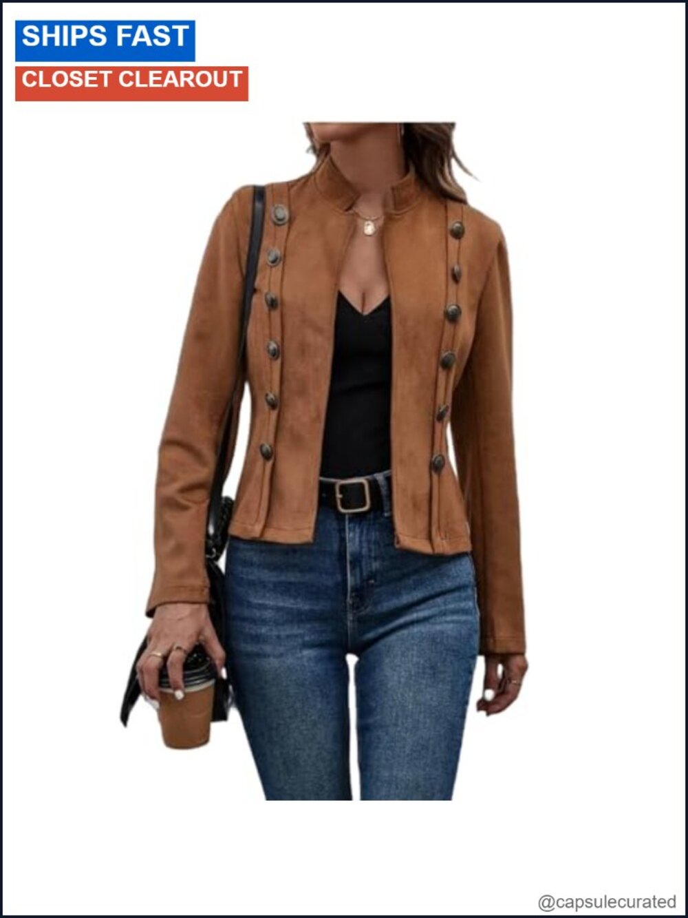 Faux Suede Cropped Jacket Double Breasted Long Sleeve Vintage Coat Casual